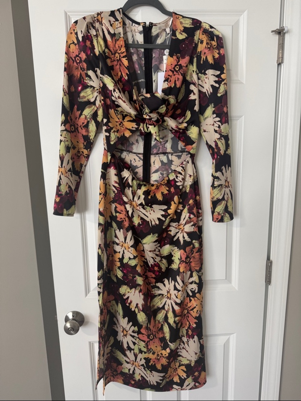 Floral Tie-Front Midi Dress in Black and Multi